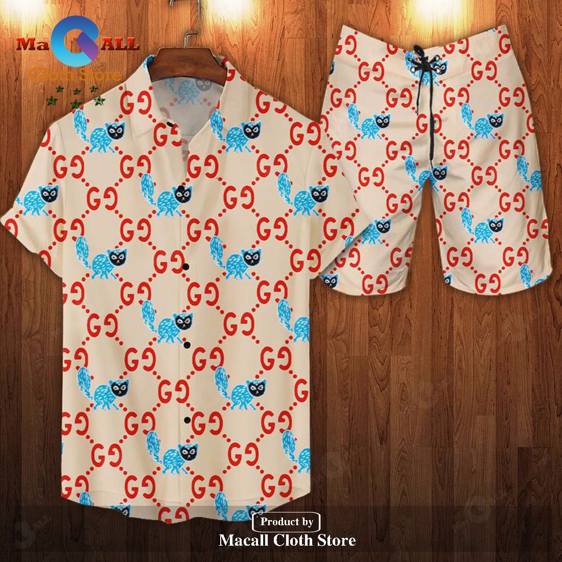 Gucci Logo Pattern Blue Animal Style Hawaiian Shirt and Short LIMITED EDITION