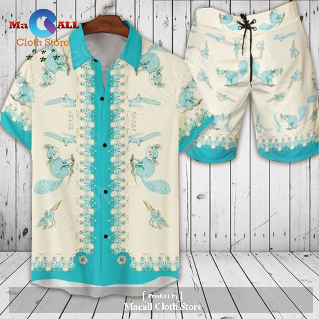 Gucci Logo Pattern Blue Animal Version Hawaiian Shirt and Short LIMITED EDITION