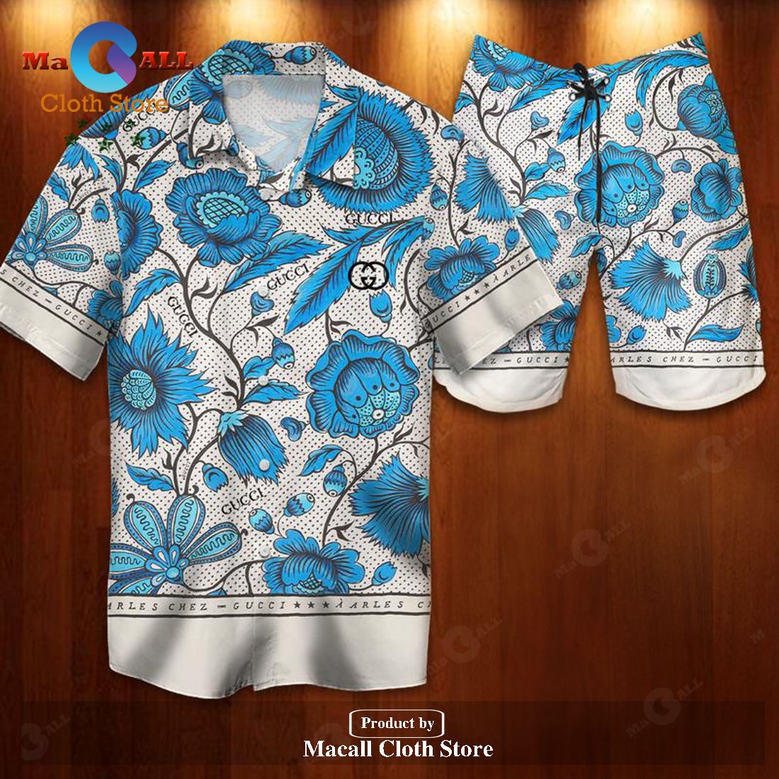 Gucci Logo Pattern Blue Leaf Luxury Version Hawaiian Shirt and Short LIMITED EDITION