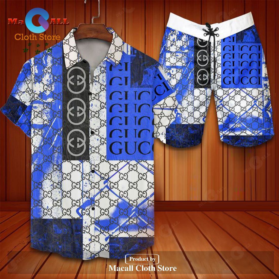 Gucci Logo Pattern Blue Panting Luxury Version Hawaiian Shirt and Short LIMITED EDITION
