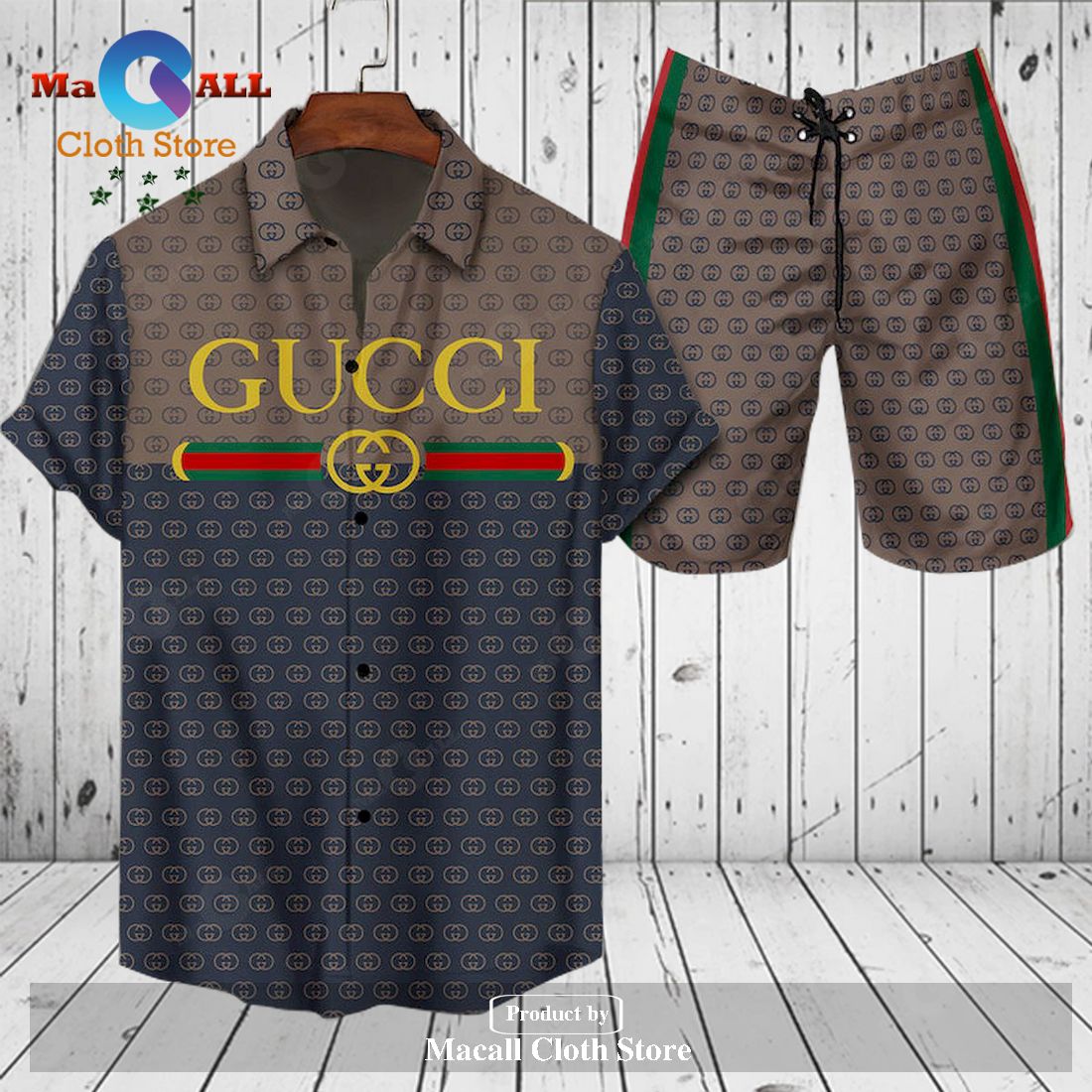 Gucci Logo Pattern Brown White Premium Version Hawaiian Shirt and Short LIMITED EDITION