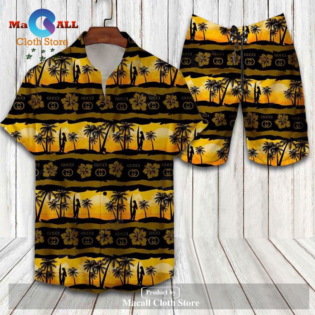 Gucci Logo Pattern Coconut Tree Sunset Luxury Version Hawaiian Shirt and Short LIMITED EDITION