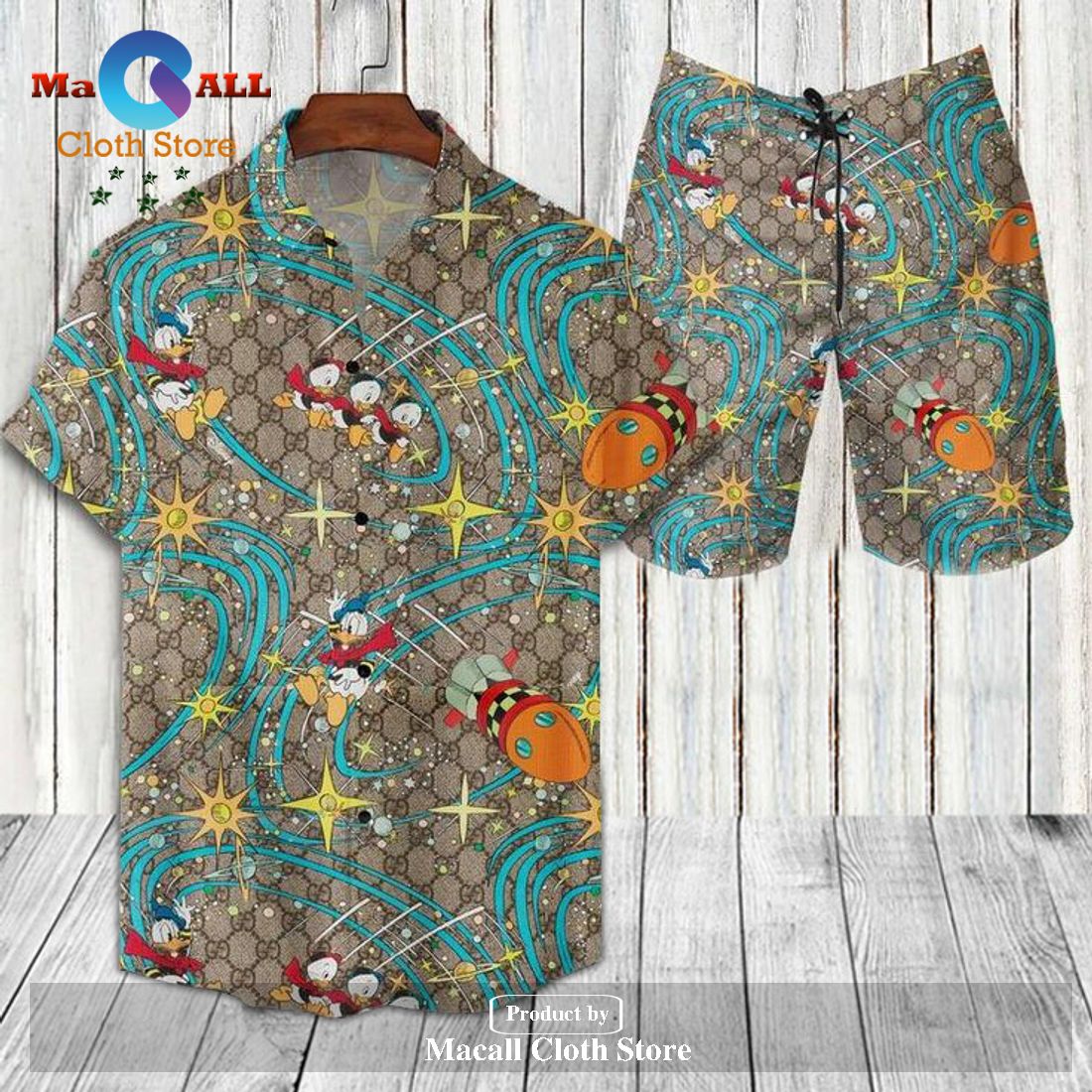 Gucci Logo Pattern Donald Duck Rockets Flying Version Hawaiian Shirt and Short LIMITED EDITION