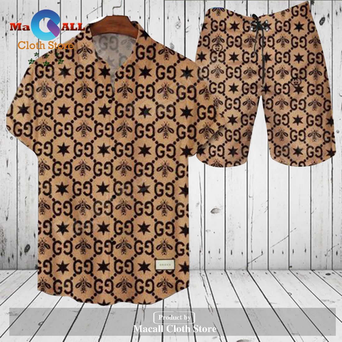 Gucci Logo Pattern Gold Bee Premium Version Hawaiian Shirt and Short LIMITED EDITION
