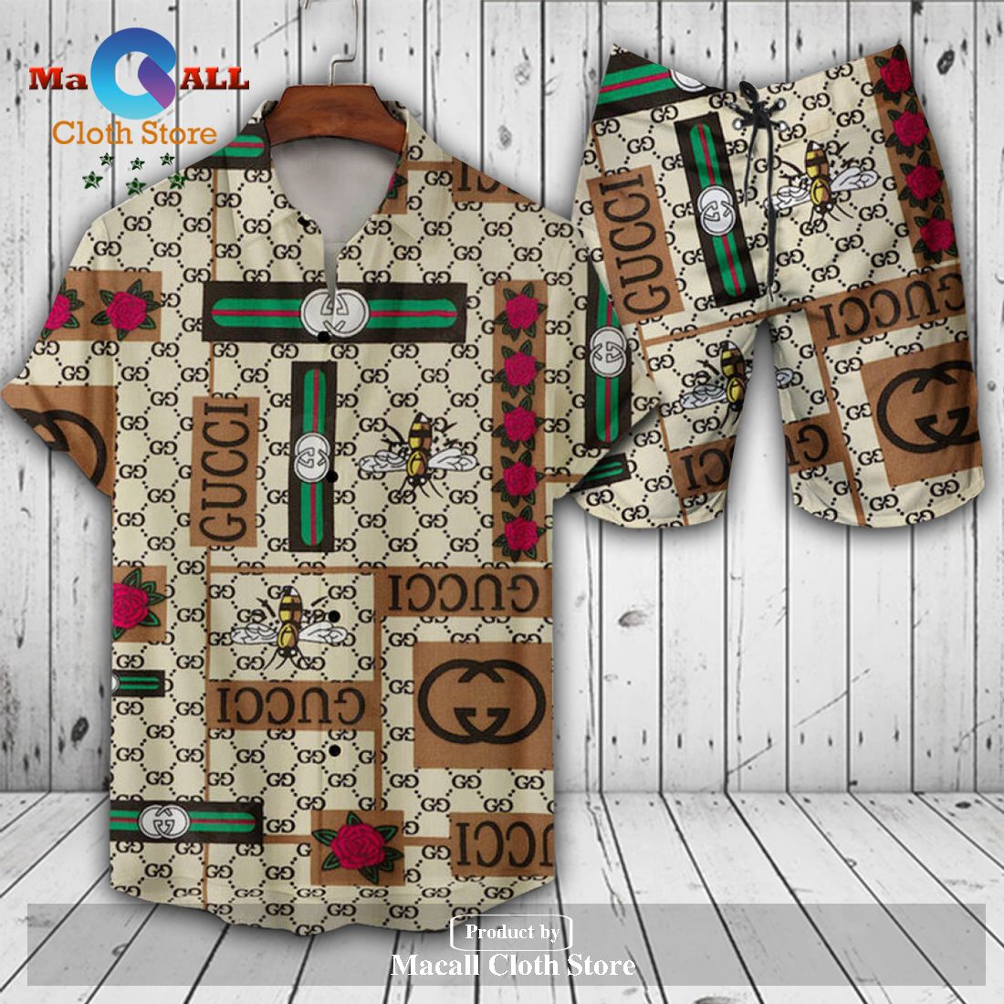 Gucci Logo Pattern Gold Bee Premium New Version Hawaiian Shirt and Short LIMITED EDITION