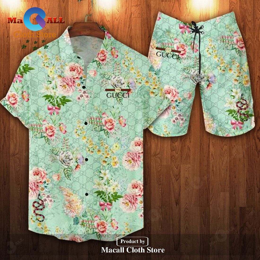 Gucci Logo Pattern Green Floral Style Hawaiian Shirt and Short LIMITED EDITION