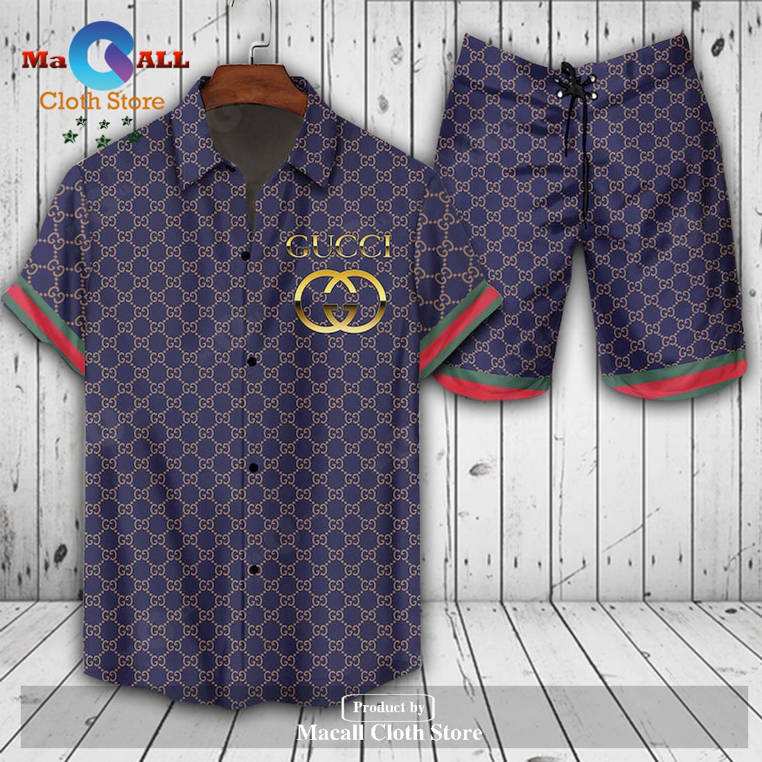 Gucci Logo Pattern Majestic Blue Premium Hawaiian Shirt and Short LIMITED EDITION