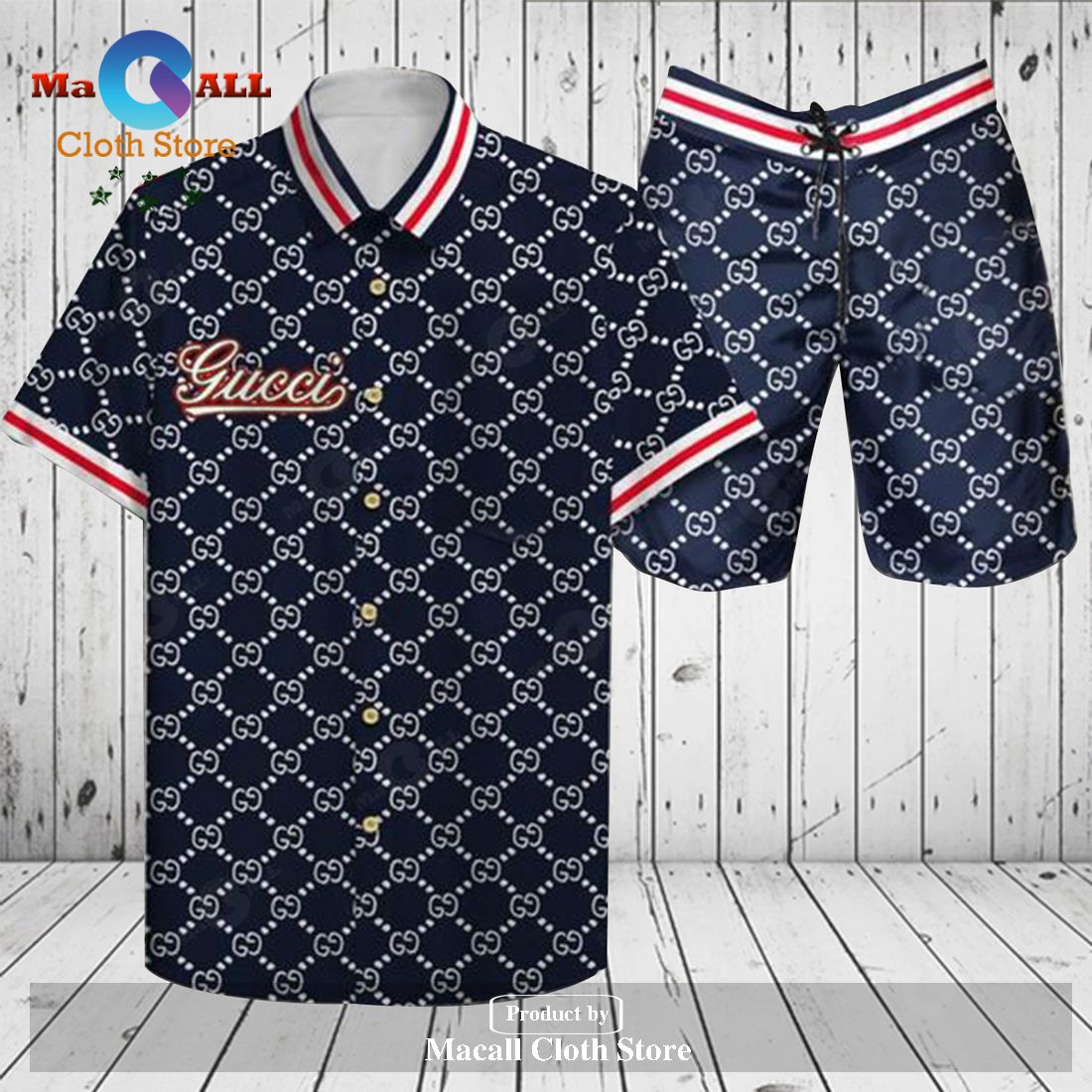 Gucci Logo Pattern Premium Navy Version Hawaiian Shirt and Short LIMITED EDITION