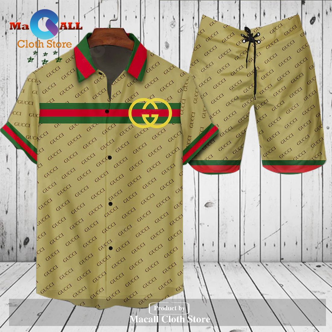 Gucci Logo Pattern Red Line Gold Version Hawaiian Shirt and Short LIMITED EDITION