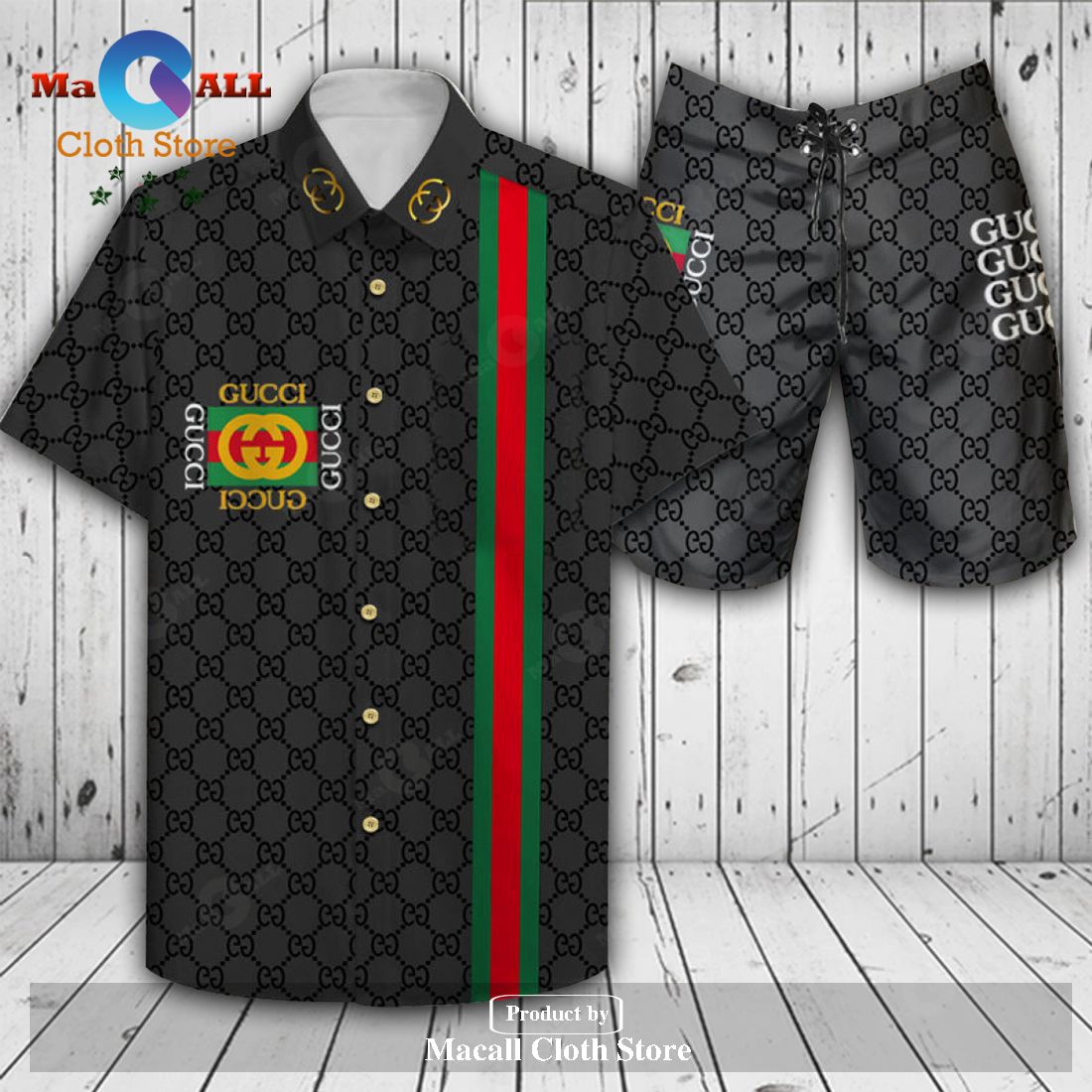 Gucci Logo Pattern Red Line New Version Hawaiian Shirt and Short LIMITED EDITION