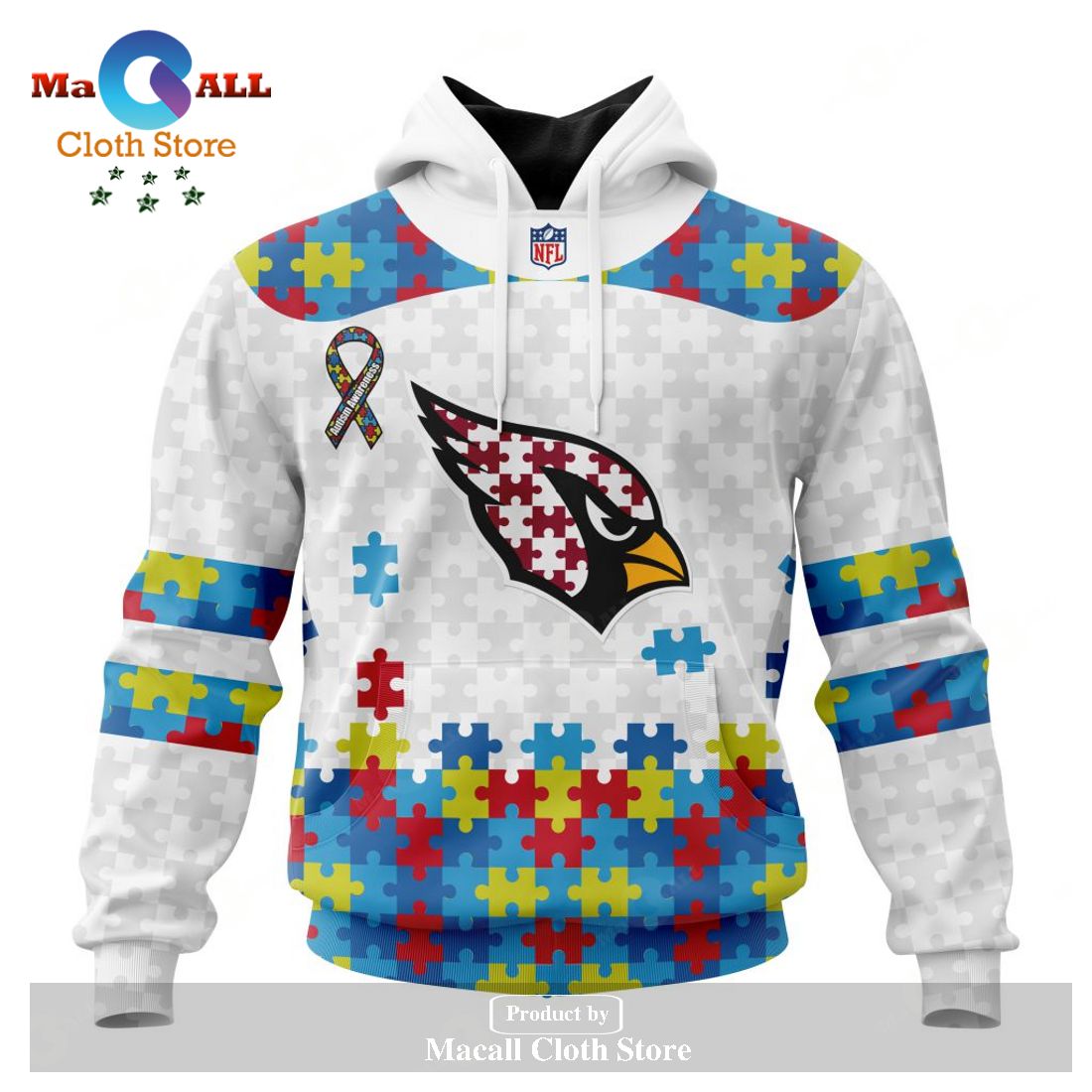 Personalized NFL Arizona Cardinals Special Autism Awareness Puzzle Game White Hoodie Sweatshirt 3D