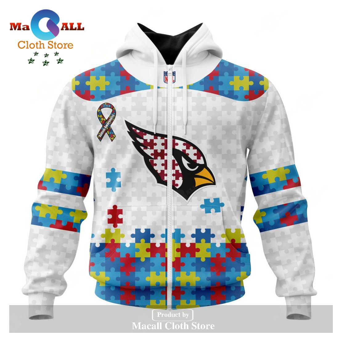 Personalized NFL Arizona Cardinals Special Autism Awareness Puzzle Game White Hoodie Sweatshirt 3D
