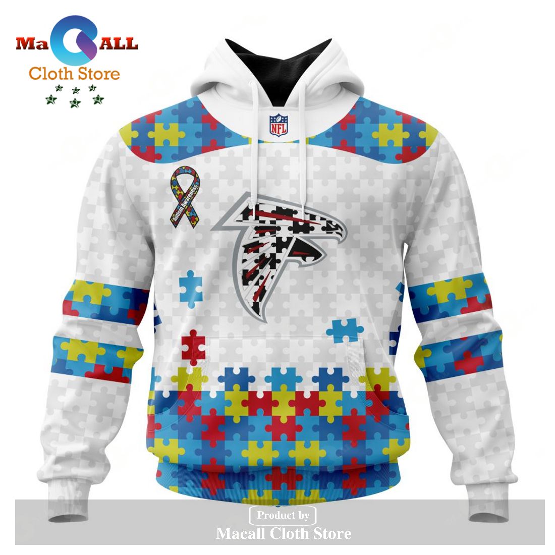 Personalized NFL Atlanta Falcons Special Autism Awareness Puzzle Game White Hoodie Sweatshirt 3D