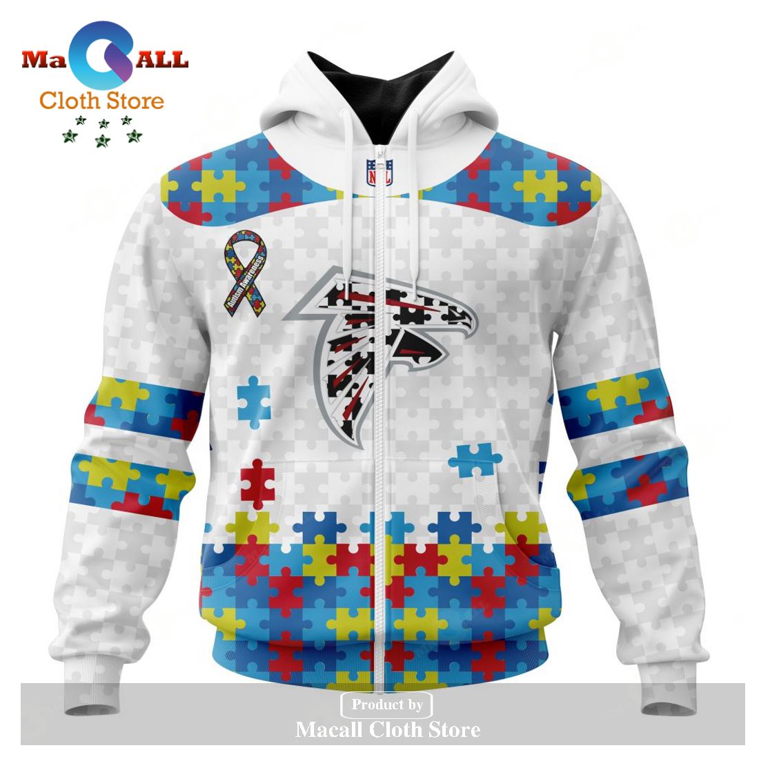 Personalized NFL Atlanta Falcons Special Autism Awareness Puzzle Game White Hoodie Sweatshirt 3D