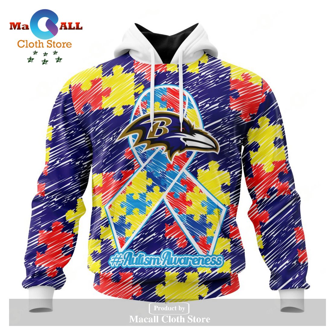 Personalized NFL Baltimore Ravens Special Autism Awareness Puzzle Game Stripes Design Hoodie Sweatshirt 3D