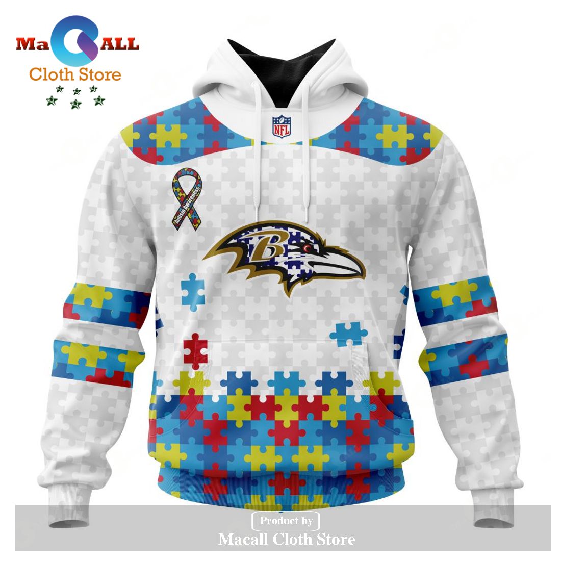 Personalized NFL Baltimore Ravens Special Autism Awareness Puzzle Game White Hoodie Sweatshirt 3D