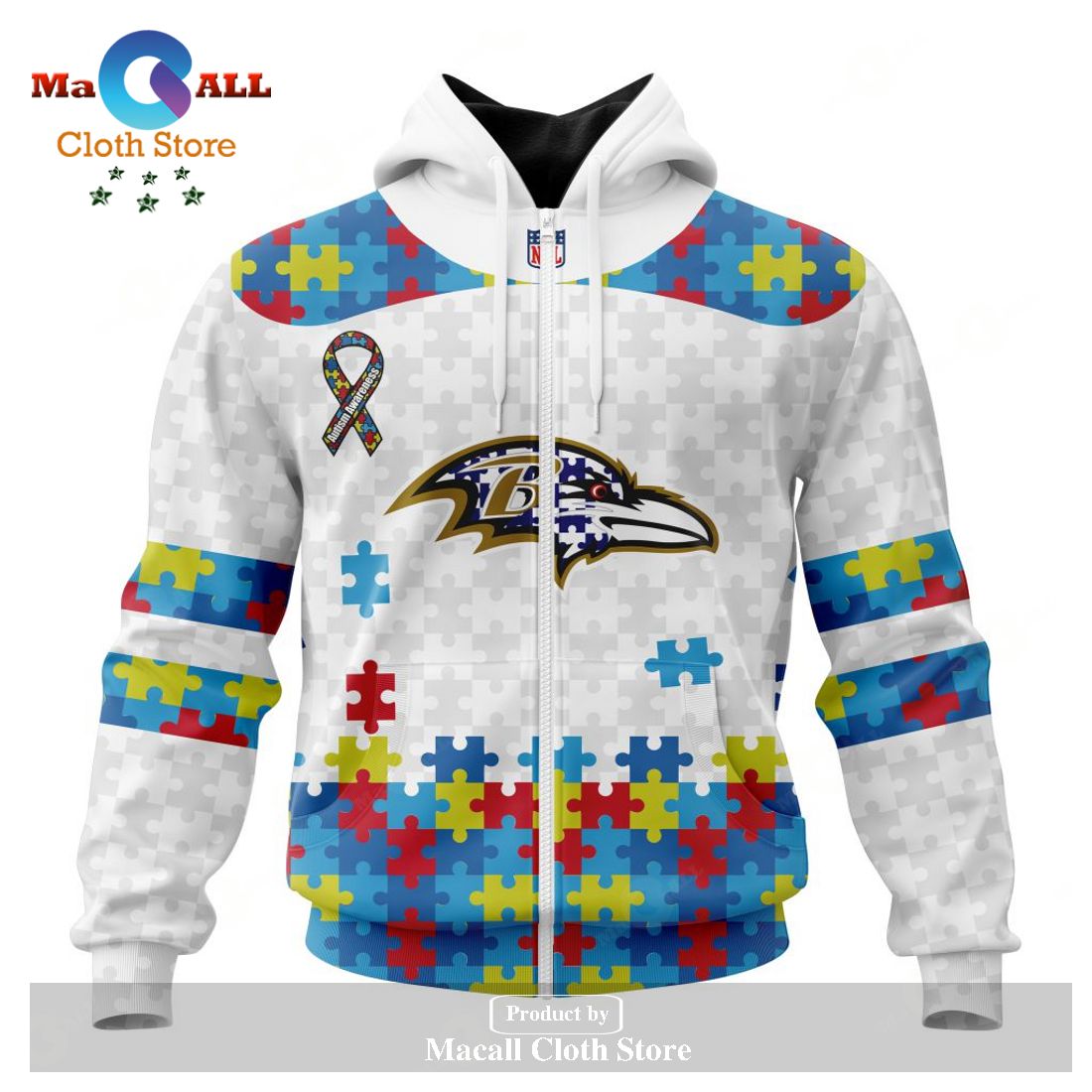 Personalized NFL Baltimore Ravens Special Autism Awareness Puzzle Game White Hoodie Sweatshirt 3D