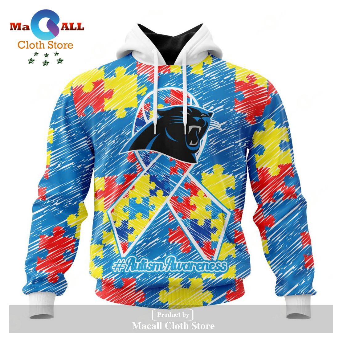 Personalized NFL Carolina Panthers Special Autism Awareness Puzzle Game Stripes Design Hoodie Sweatshirt 3D