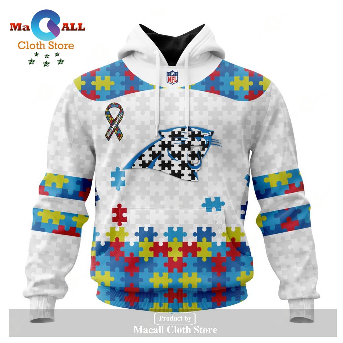 Personalized NFL Carolina Panthers Special Autism Awareness Puzzle Game White Hoodie Sweatshirt 3D