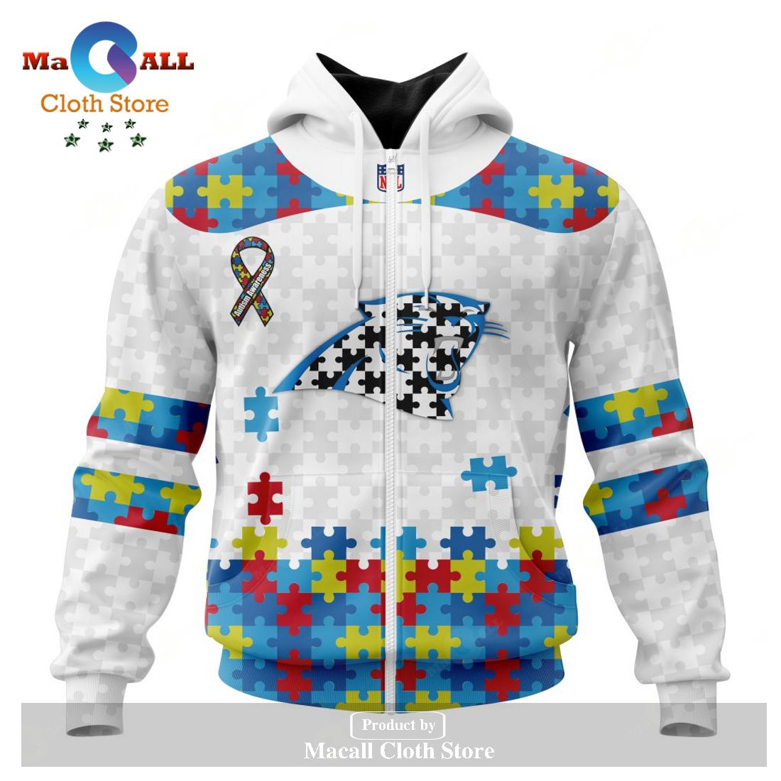 Personalized NFL Carolina Panthers Special Autism Awareness Puzzle Game White Hoodie Sweatshirt 3D