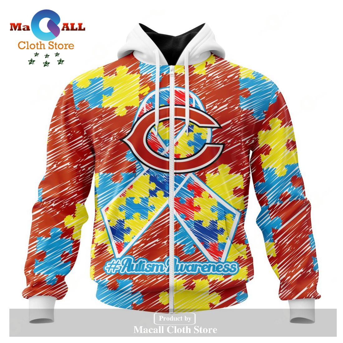 Personalized NFL Chicago Bears Special Autism Awareness Puzzle Game Stripes Design Hoodie Sweatshirt 3D