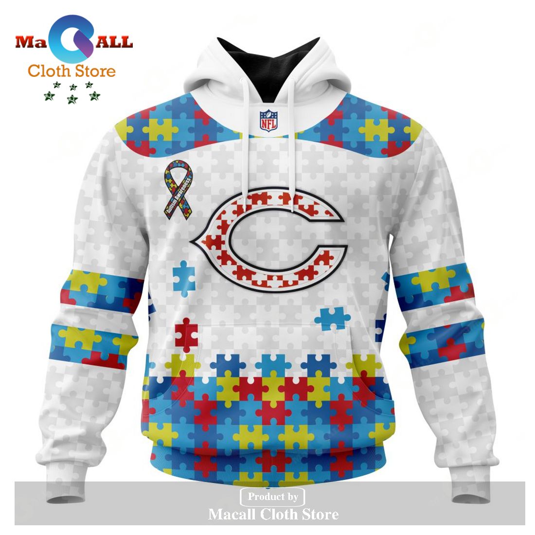 Personalized NFL Chicago Bears Special Autism Awareness Puzzle Game White Hoodie Sweatshirt 3D