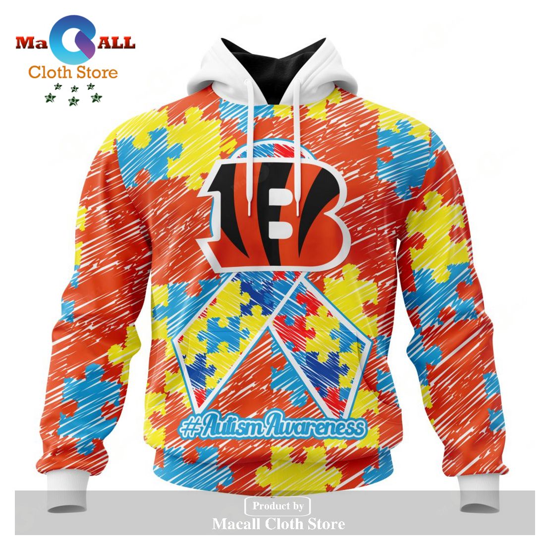 Personalized NFL Cincinnati Bengals Special Autism Awareness Puzzle Game Stripes Design Hoodie Sweatshirt 3D