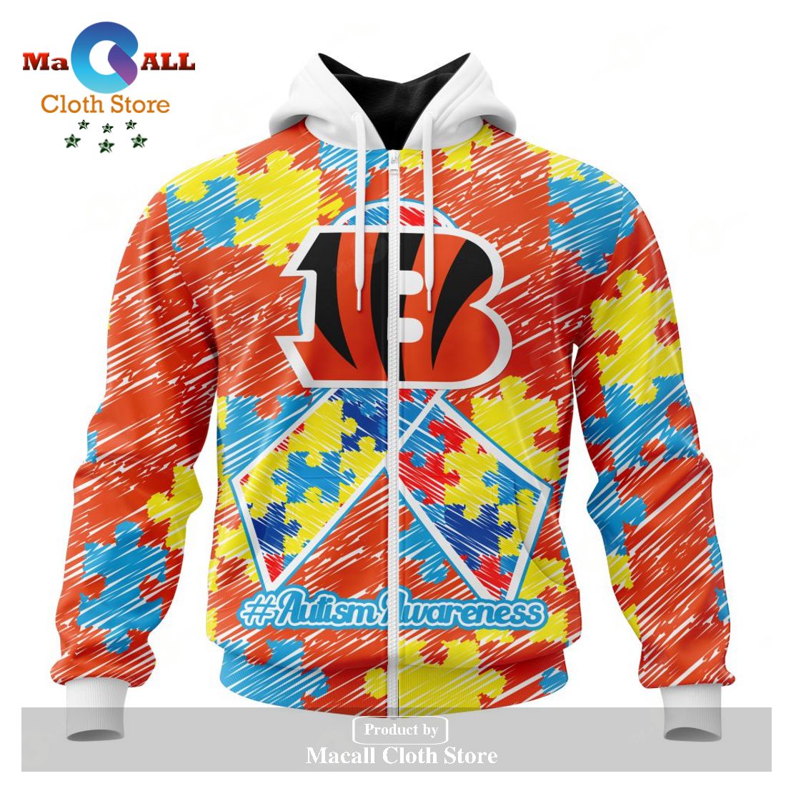 Personalized NFL Cincinnati Bengals Special Autism Awareness Puzzle Game Stripes Design Hoodie Sweatshirt 3D