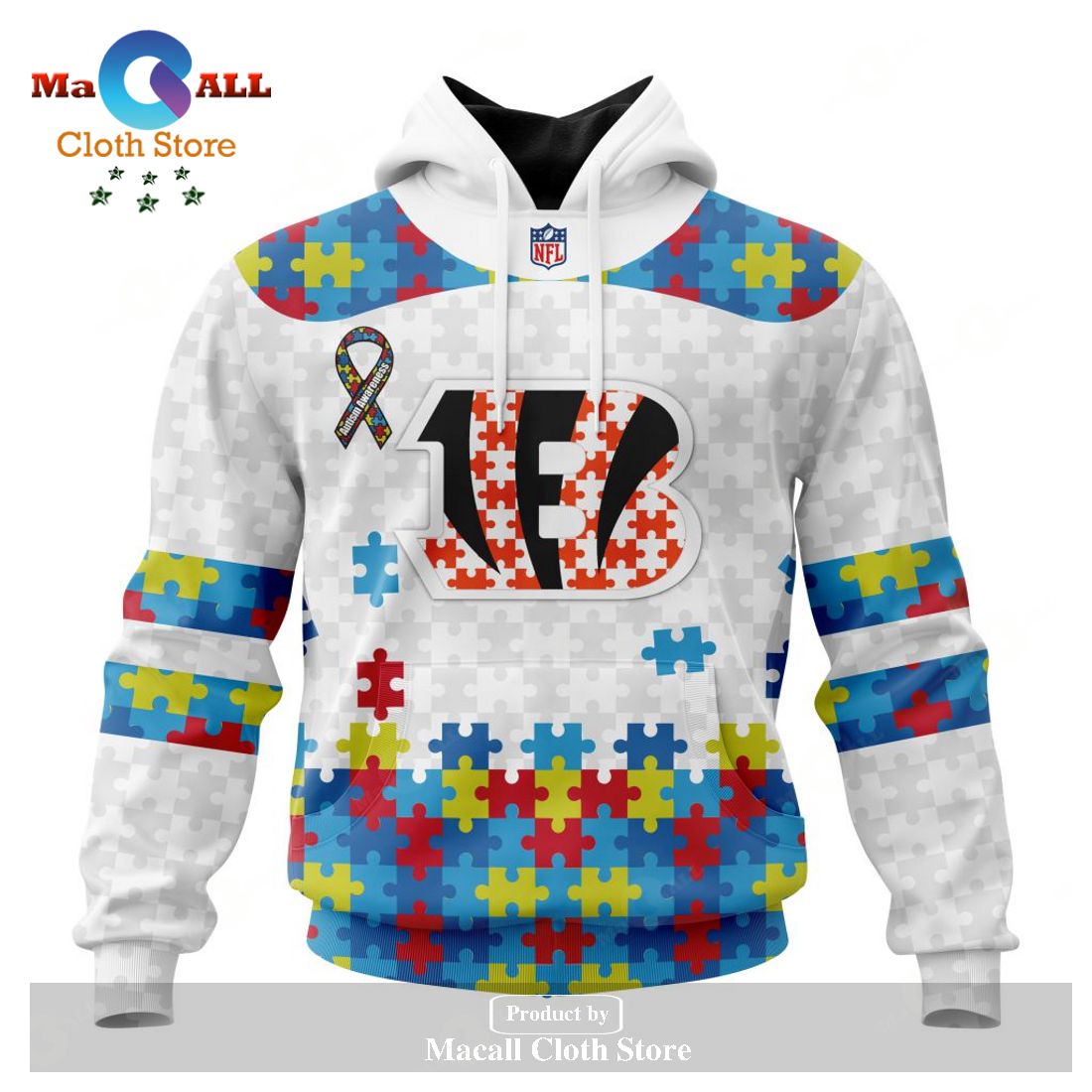 Personalized NFL Cincinnati Bengals Special Autism Awareness Puzzle Game White Hoodie Sweatshirt 3D