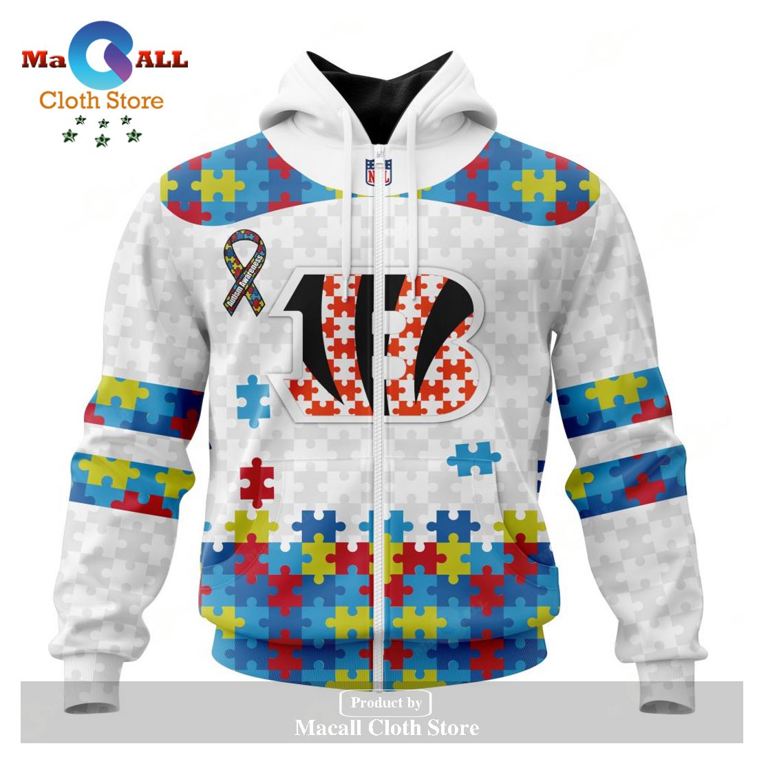 Personalized NFL Cincinnati Bengals Special Autism Awareness Puzzle Game White Hoodie Sweatshirt 3D