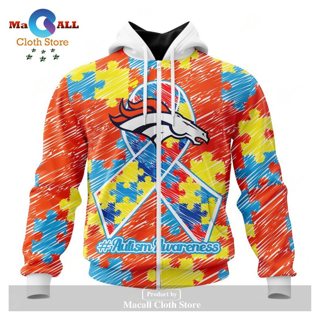 Personalized NFL Denver Broncos Special Autism Awareness Puzzle Game Stripes Design Hoodie Sweatshirt 3D