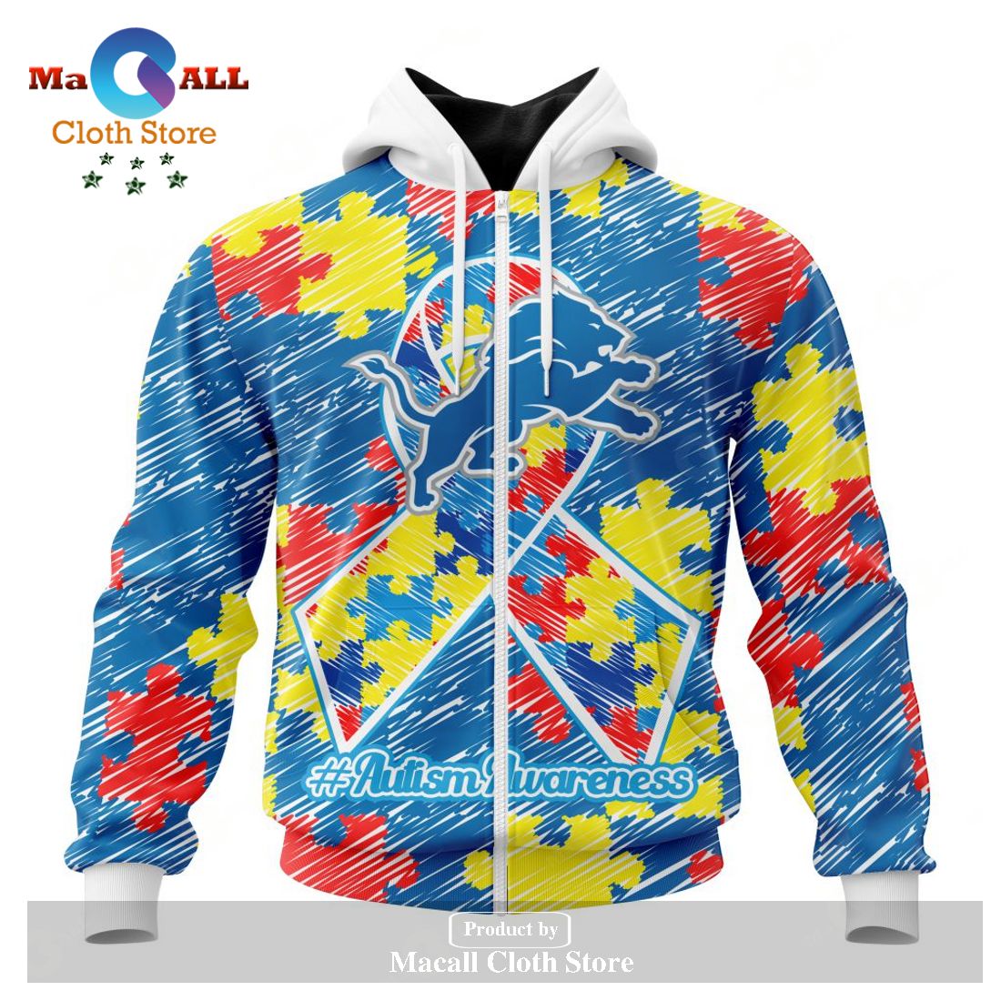 Personalized NFL Detroit Lions Special Autism Awareness Puzzle Game Stripes Design Hoodie Sweatshirt 3D