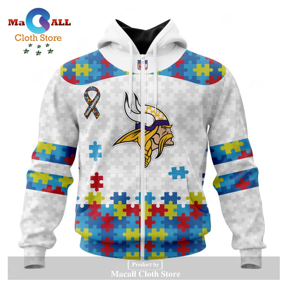 Personalized NFL Minnesota Vikings Special Autism Awareness Puzzle Game White Hoodie Sweatshirt 3D