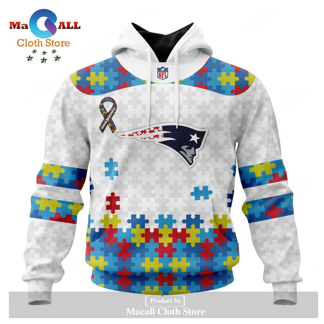 Personalized NFL New England Patriots Special Autism Awareness Puzzle Game White Hoodie Sweatshirt 3D Personalized NFL New England Patriots Special Autism Awareness Puzzle Game White Hoodie Sweatshirt 3D