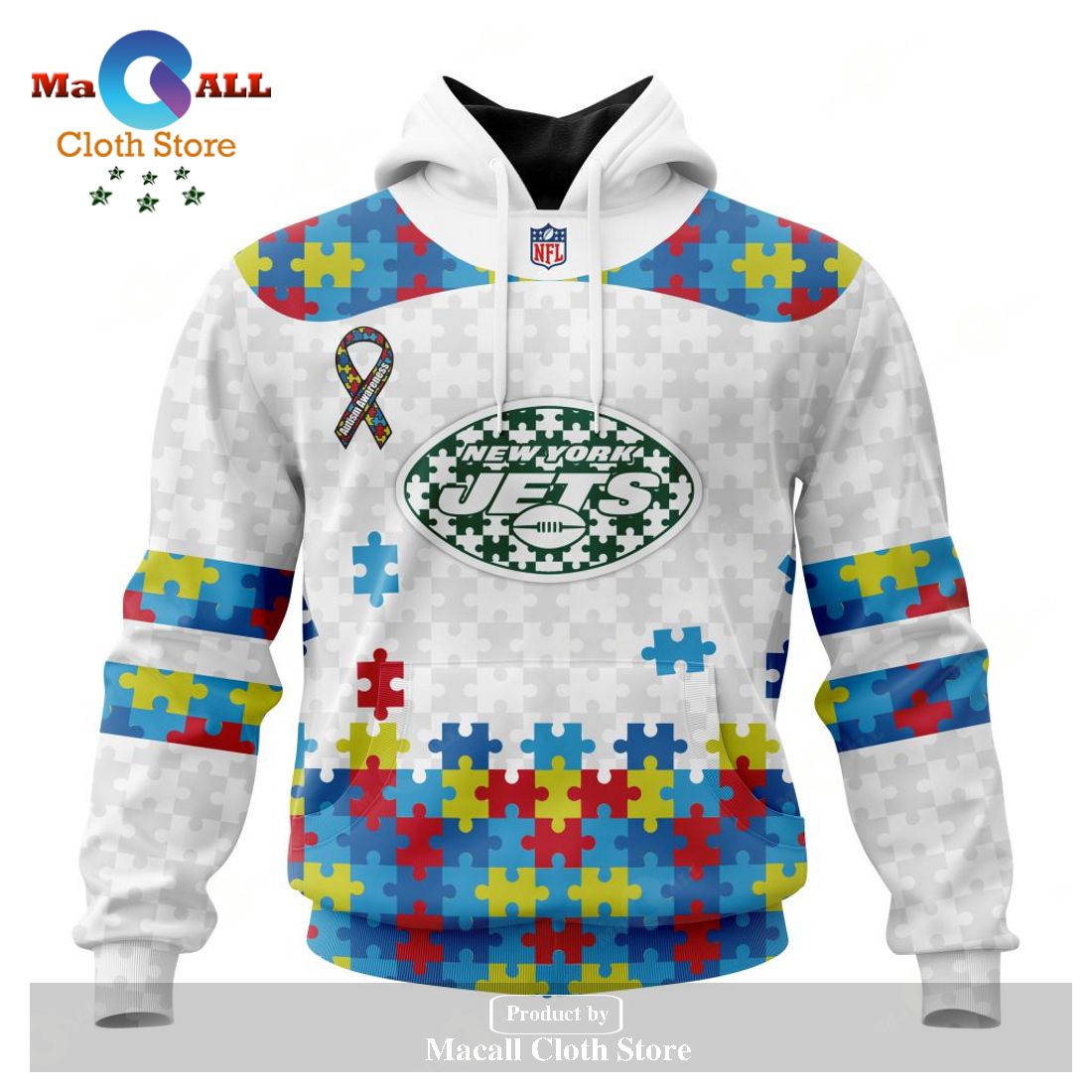 Personalized NFL New York Jets Special Autism Awareness Puzzle Game White Hoodie Sweatshirt 3D