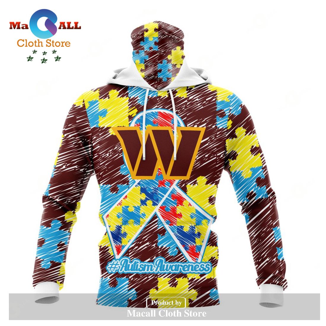 NFL Washington Commanders All Over Print Zip Hoodie 3D Puzzle Autism  Awareness Unisex Zip Hoodie