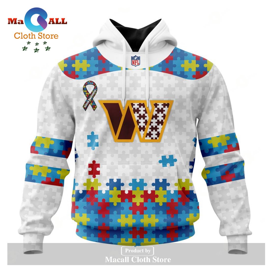 Personalized NFL Washington Commanders Special Autism Awareness Puzzle Game White Hoodie Sweatshirt 3D