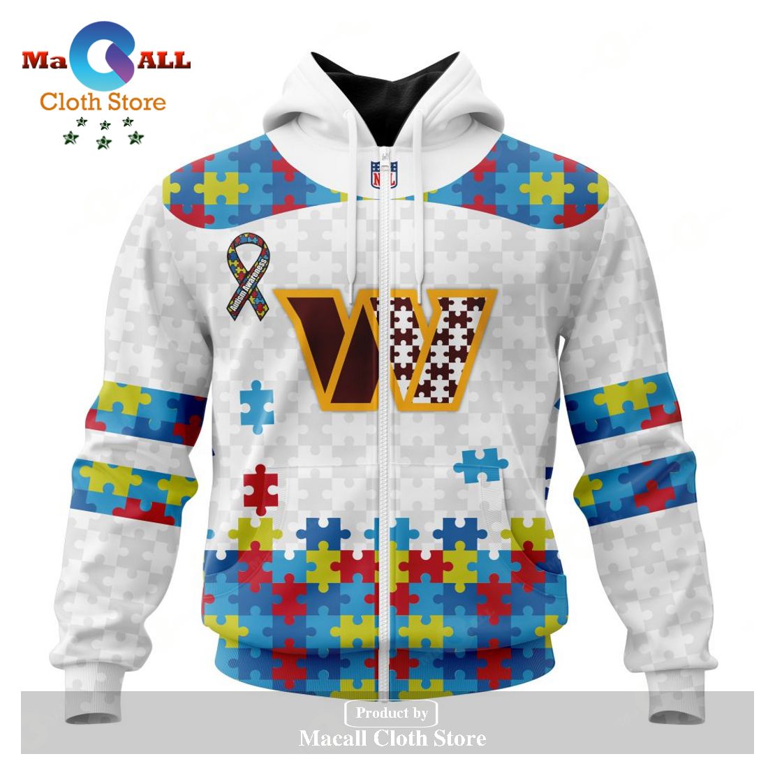 Personalized NFL Washington Commanders Special Autism Awareness Puzzle Game White Hoodie Sweatshirt 3D