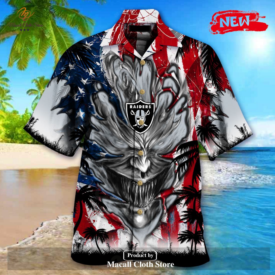 [NEW] Personalized NFL Las Vegas Raiders US Flag Demon Face Hawaiian Shirt and Short