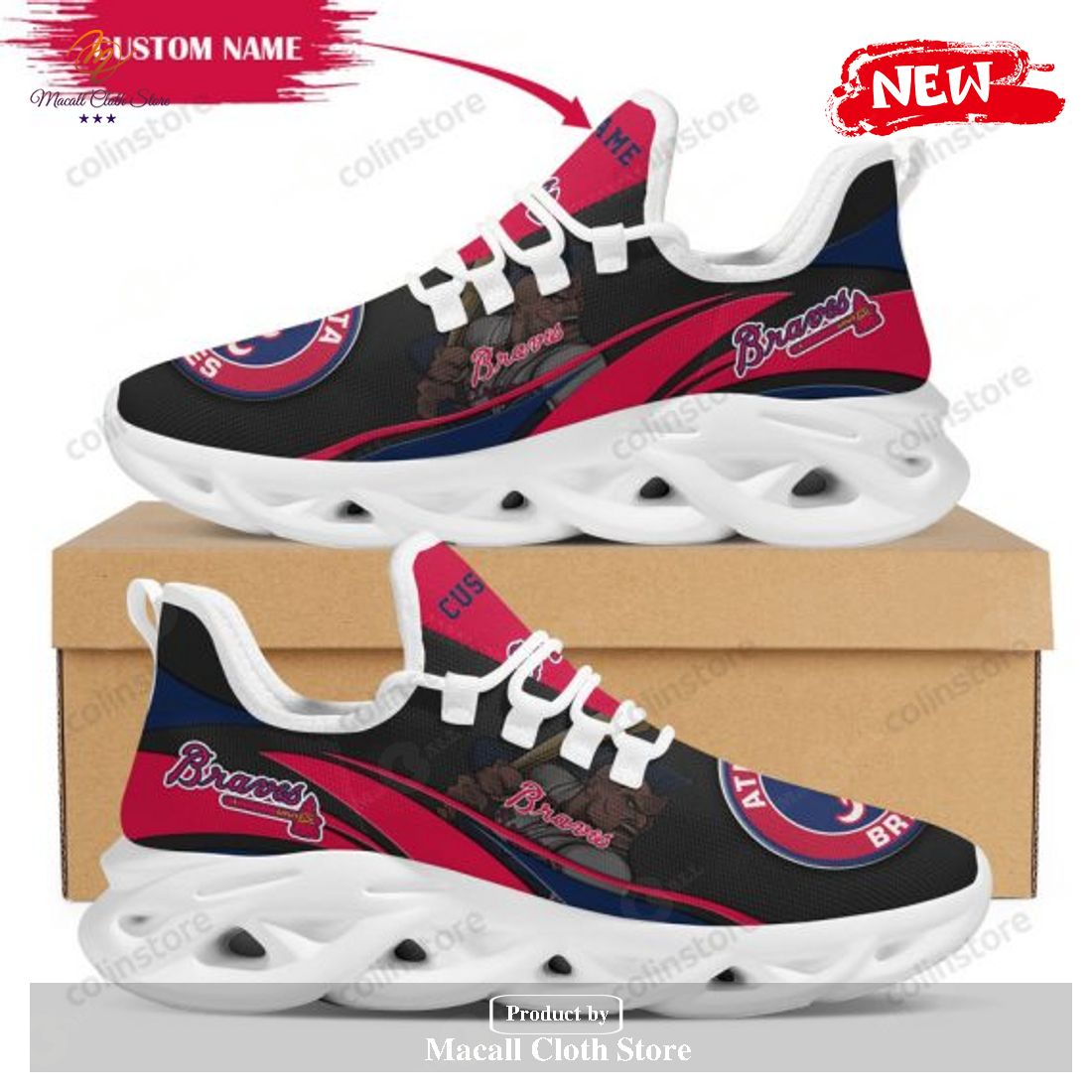 Personalized Name Atlanta Braves Mascot Running Sports Shoes For Men Max Soul Sneaker Shoes