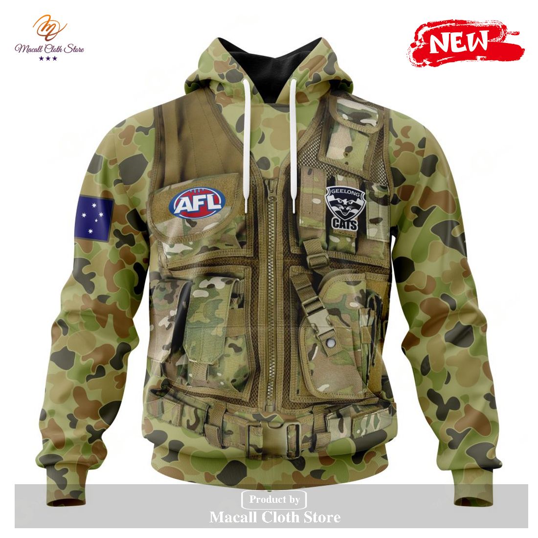 [NEW] Personalized AFL Geelong Cats Special Military Camo Hoodie Sweatshirt 3D