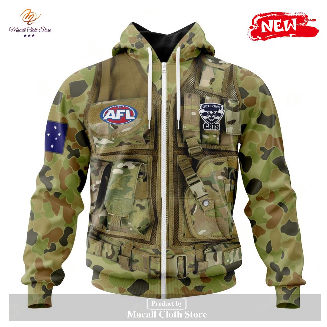 [NEW] Personalized AFL Geelong Cats Special Military Camo Hoodie Sweatshirt 3D