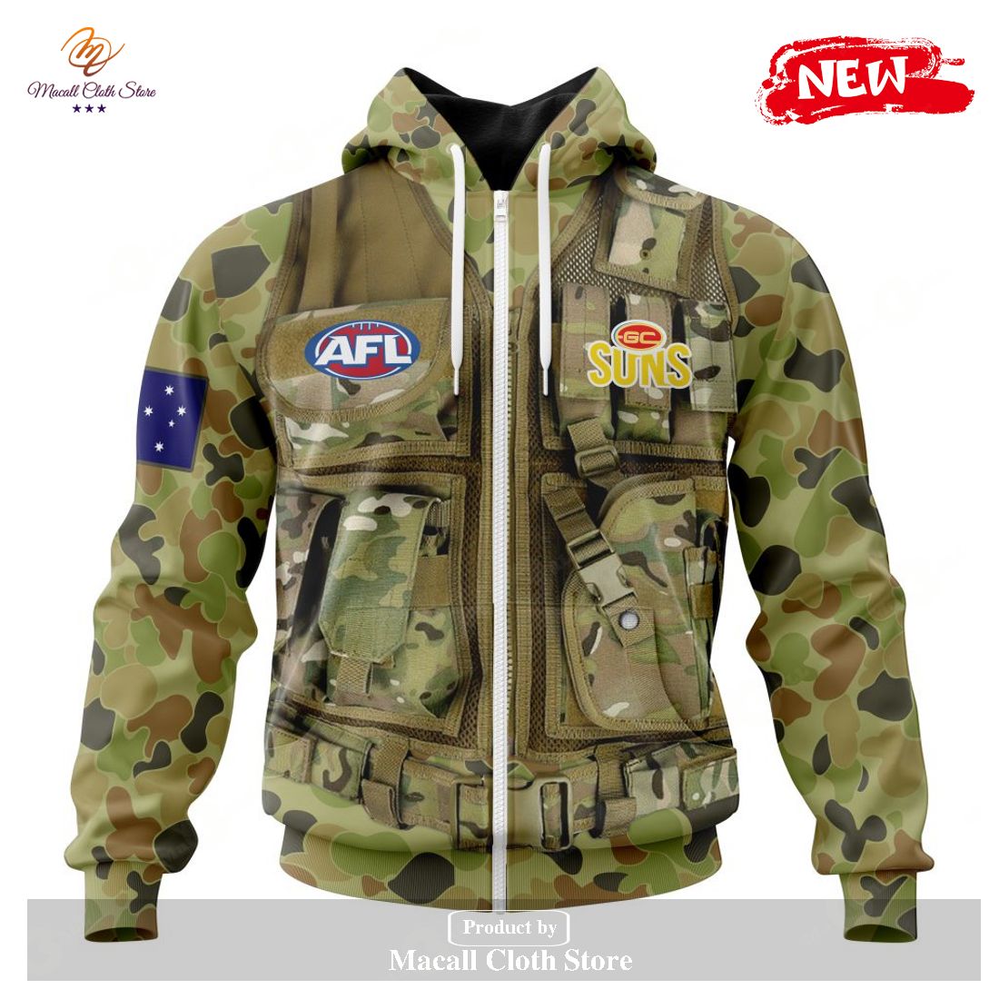 [NEW] Personalized AFL Gold Coast Suns Special Military Camo Hoodie Sweatshirt 3D