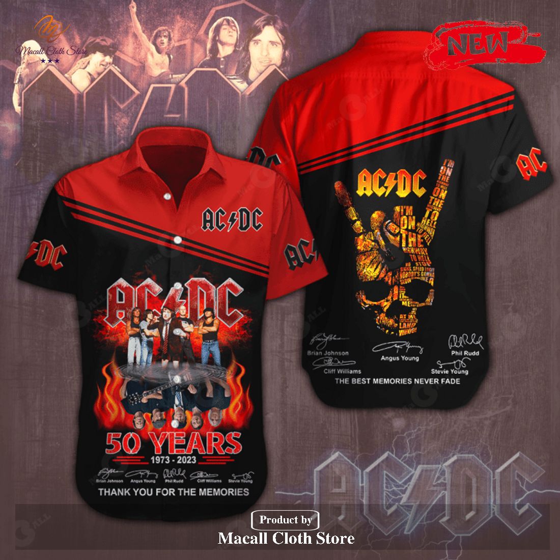 [NEW] ACDC 50 Years 1973-2023 Thank You For The Memories Signatures Red Rock Music Design Hawaiian Shirt and Short