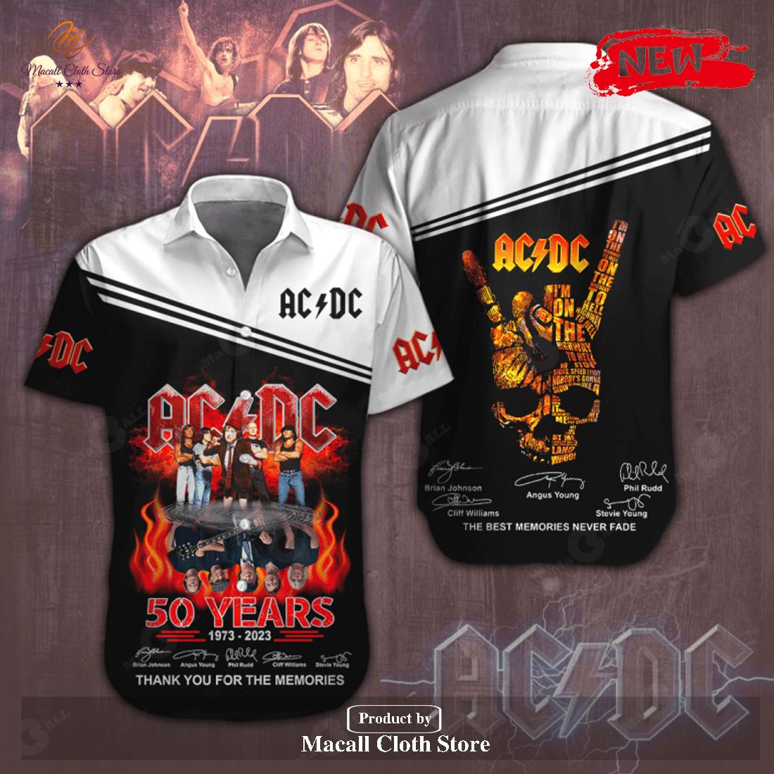 [NEW] ACDC 50 Years 1973-2023 Thank You For The Memories Signatures White Rock Music Design Hawaiian Shirt and Short