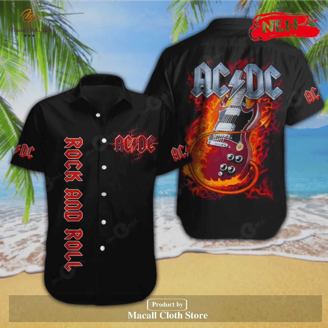 [NEW] ACDC Rock And Roll Black Fire Guitar Design Hawaiian Shirt and Short