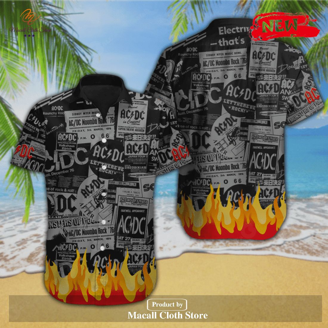 [NEW] ACDC Rock Music Black Fire Design Hawaiian Shirt and Short