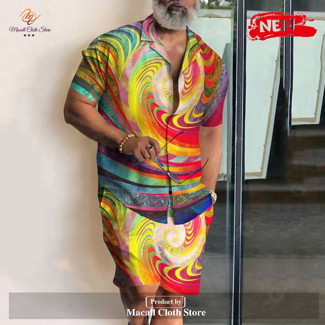 [NEW] Colorful Animal Spiral Revere Collar Shirt & Shorts Set Gifts for Abstract Hawaiian Shirt and Short
