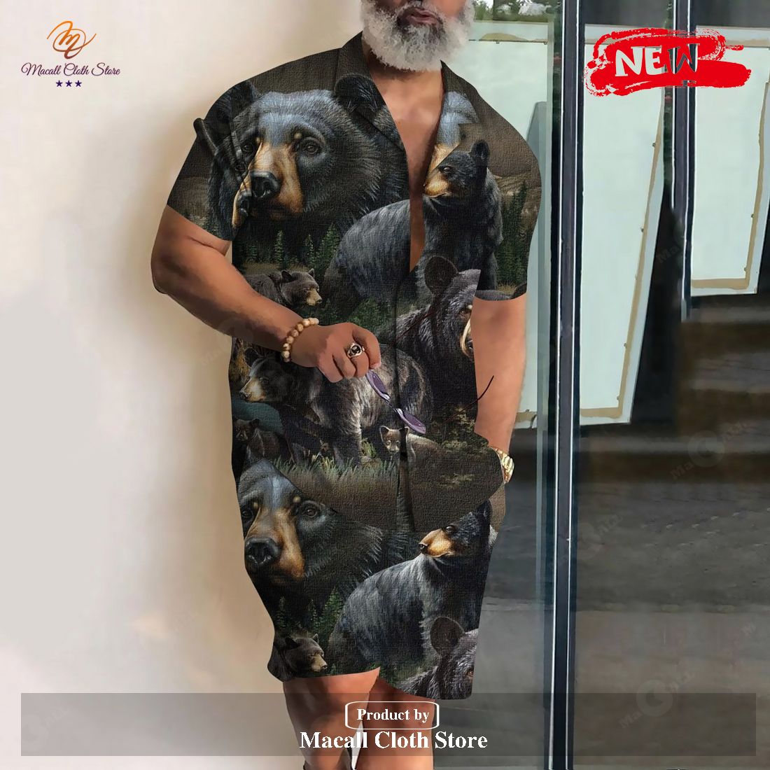 [NEW] Funny Bear Short Sleeve Casual Shirt Bear Revere Collar Shirt & Shorts Set Gifts for Bear Hawaiian Shirt and Short