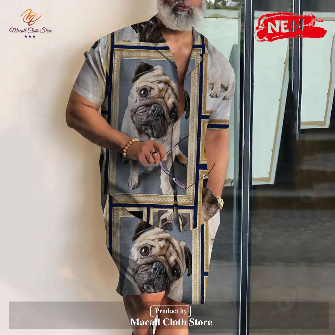[NEW] Funny Pug Dog Short Sleeve Casual Shirt Pug Revere Collar Pug Dog Gifts for Dog Hawaiian Shirt and Short